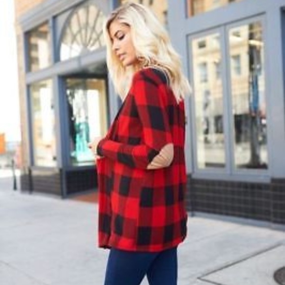 Long sleeve red plaid cardigan with elbow patch - Picture 3 of 3